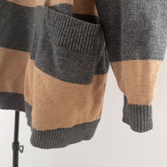 Long Grey Tan Striped Viscose Cardigan with No Fastener - Picture 6 of 9